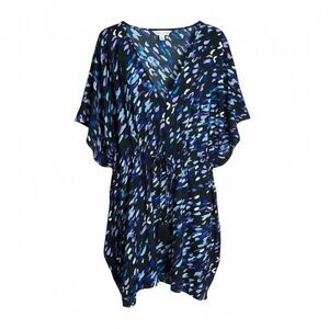 Swimsuits For All Abstract V-Neck Tie Waist Swim Coverup Black Blue Size 3X/4X